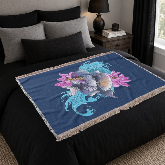 Betta Siamese Fighting Fish Lotus Waves Blue Throw Blanket (Creator Uploaded)