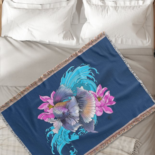 Betta Siamese Fighting Fish Lotus Waves Blue Throw Blanket (Creator Uploaded)