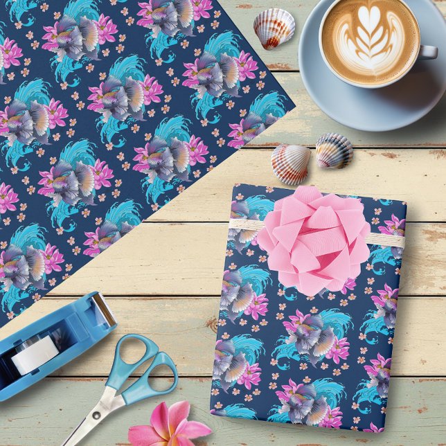  Betta Siamese Fighting Fish Lotus Waves Blue Wrapping Paper (Creator Uploaded)