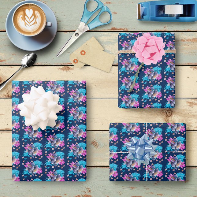 Betta Siamese Fighting Fish Lotus Waves Blue Wrapping Paper Sheet (Creator Uploaded)