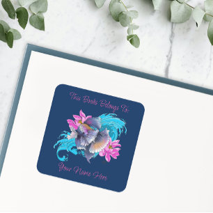 Betta Siamese Fighting Fish Lotus Waves Bookplate Square Sticker