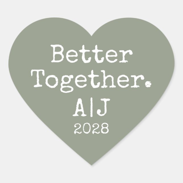Better Together Monogram Year Sage Green Wedding Heart Sticker (Front)