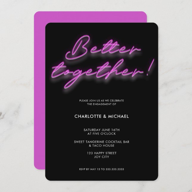 Better Together Neon Pink Engagement Invitation (Front/Back)