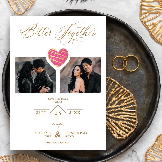 Better Together Quote Hot Pink Heart 2 Photos Save The Date (Creator Uploaded)
