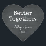 Better Together Script Names Wedding Chalkboard Heart Sticker<br><div class="desc">Pretty monogram heart sticker or envelope seal with the text 'Better Together.' your names and wedding date in elegant handwritten script calligraphy and stylish typography on a chalkboard background. Perfect for your Christmas and Valentine gifts, baby shower, bridal shower, wedding favours, small business mailing and festive packages, add some love...</div>