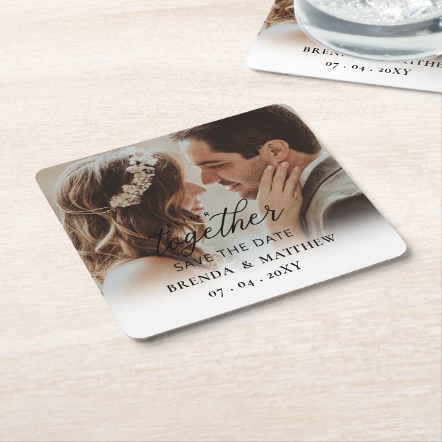 Better Together Script Photo Save The Date Square Paper Coaster (Angled)