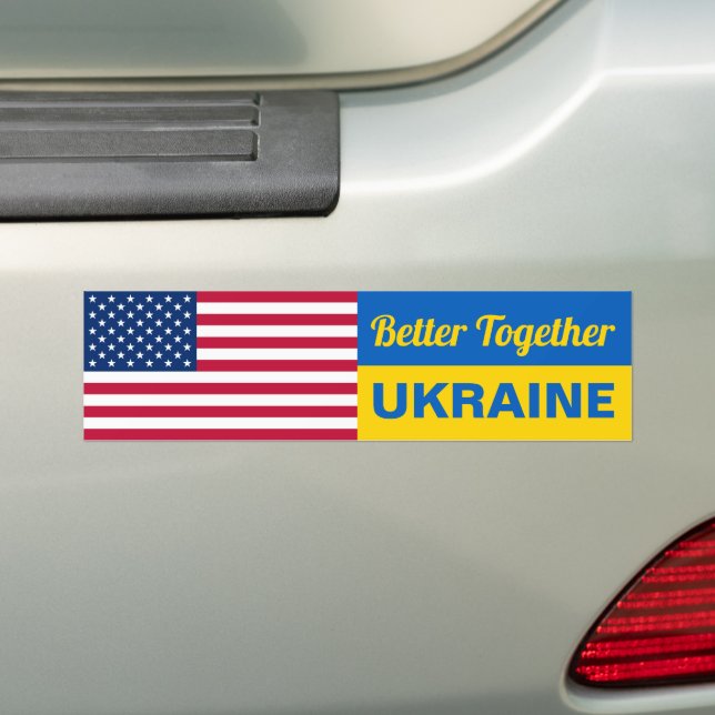 Better Together Ukraine American Flag Solidarity Bumper Sticker (On Car)