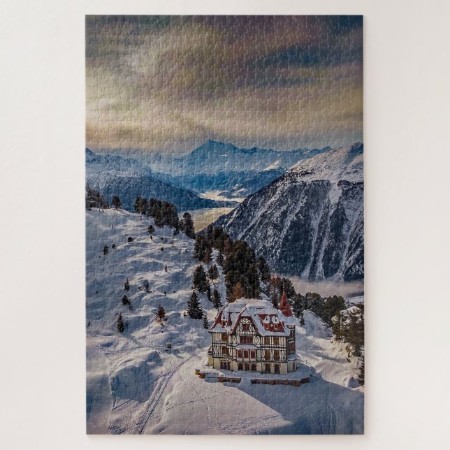 Bettmeralp, Switzerland under a wintery sky.  Jigsaw Puzzle (Vertical)