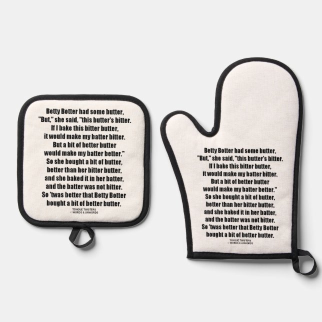Betty Botter Better Butter Tongue Twister Oven Mitt & Pot Holder Set (Front)