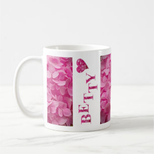 "Betty" Pink Hydrangea Floral Letters & Cute Heart Coffee Mug