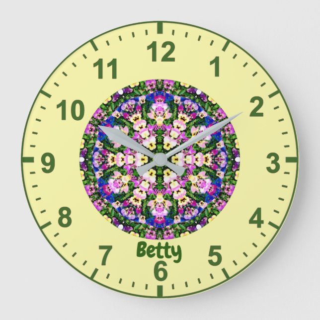 BETTY WOW! Multicoloured Miniature Pansies Yellow  Large Clock (Front)