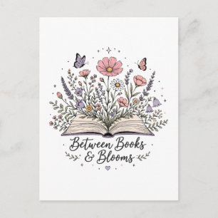 Between books and blooms book lover reader postcard