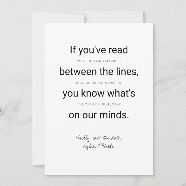 Between the Lines Typography Save the Date card (Front)