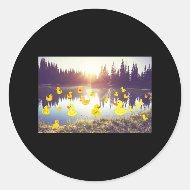 Beutiful lake in the sun rise with plastic dack classic round sticker (Front)