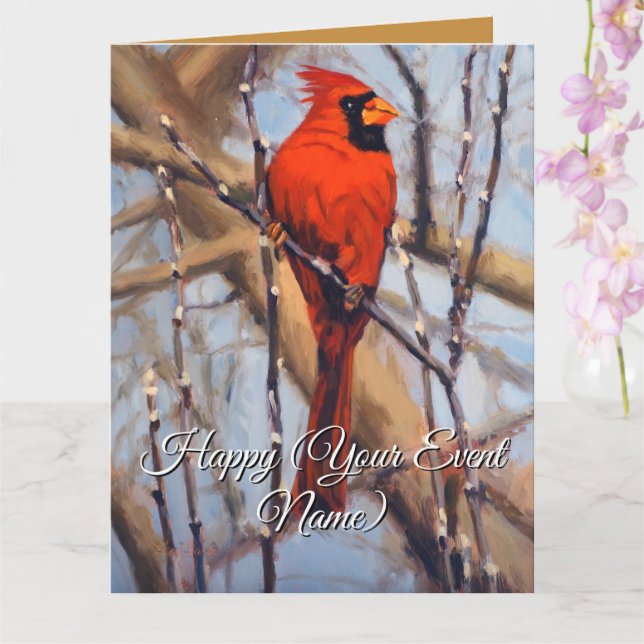 Beutiful Red Cardinal Bird Perched on a Branch Card (Orchid)