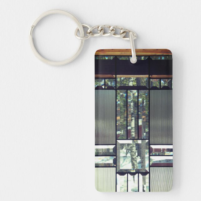 Beveled glass birch trees metallic silver modern key ring (Front)