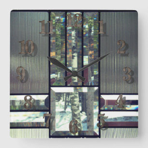 Beveled glass birch trees metallic silver modern square wall clock