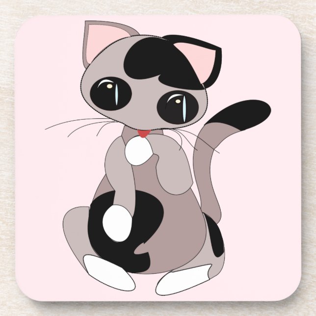 Beverage Coaster with Little Cat Pink (Front)