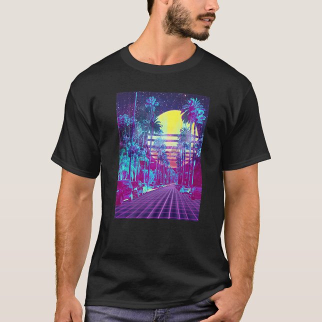 Beverly Hill Retrowave Split Sunset Boulevard Cars T-Shirt (Front)