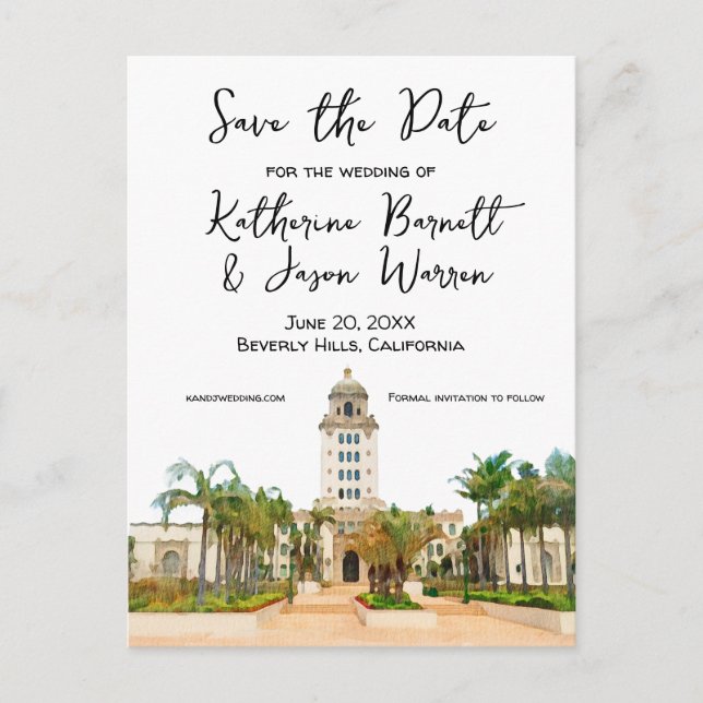 Beverly Hills City Hall Save the Date Watercolor Postcard (Front)
