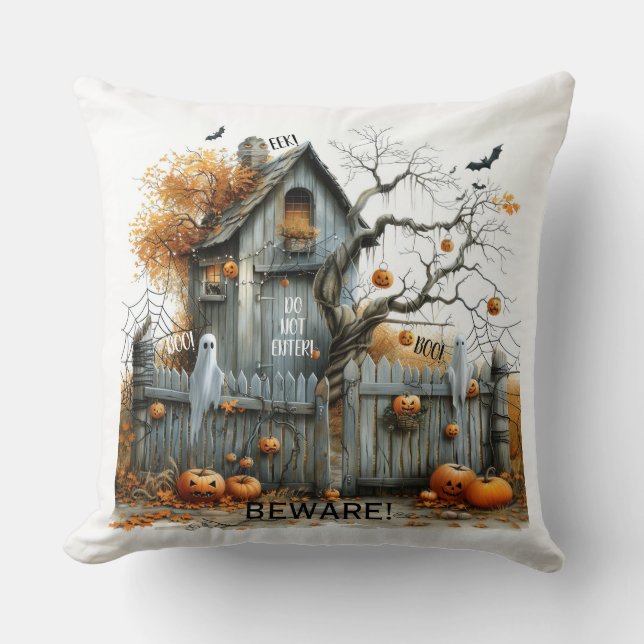 Beware & Boo – The Haunted Gatehouse Cushion (Front)