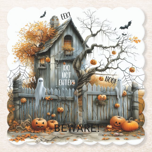 Beware & Boo – The Haunted Gatehouse Paper Coaster (Front)