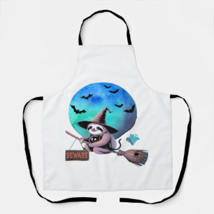 Beware Cute Witch Sloth Flying on Broom Halloween Apron