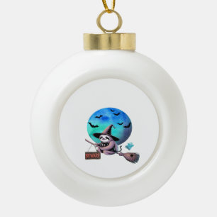 Beware Cute Witch Sloth Flying on Broom Halloween  Ceramic Ball Christmas Ornament