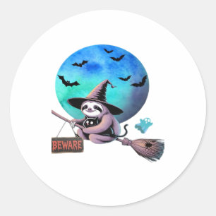 Beware Cute Witch Sloth Flying on Broom Halloween Classic Round Sticker