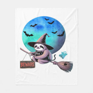 Beware Cute Witch Sloth Flying on Broom Halloween Fleece Blanket