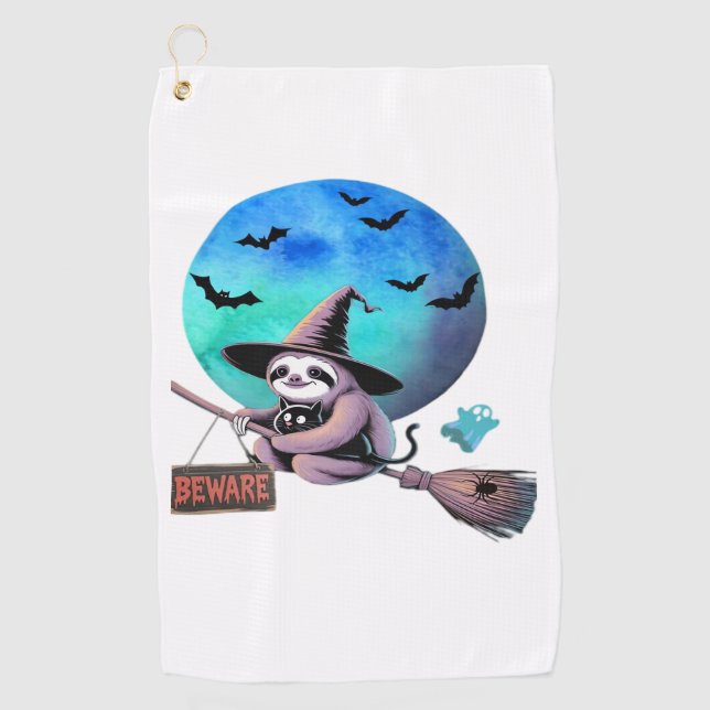 Beware Cute Witch Sloth Flying on Broom Halloween  Golf Towel (Front)