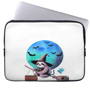 Beware Cute Witch Sloth Flying on Broom Halloween  Laptop Sleeve