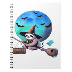 Beware Cute Witch Sloth Flying on Broom Halloween  Notebook