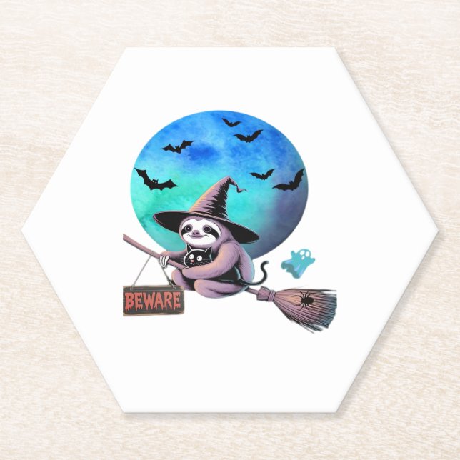 Beware Cute Witch Sloth Flying on Broom Halloween  Paper Coaster (Front)
