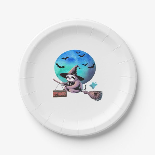 Beware Cute Witch Sloth Flying on Broom Halloween  Paper Plate (Front)