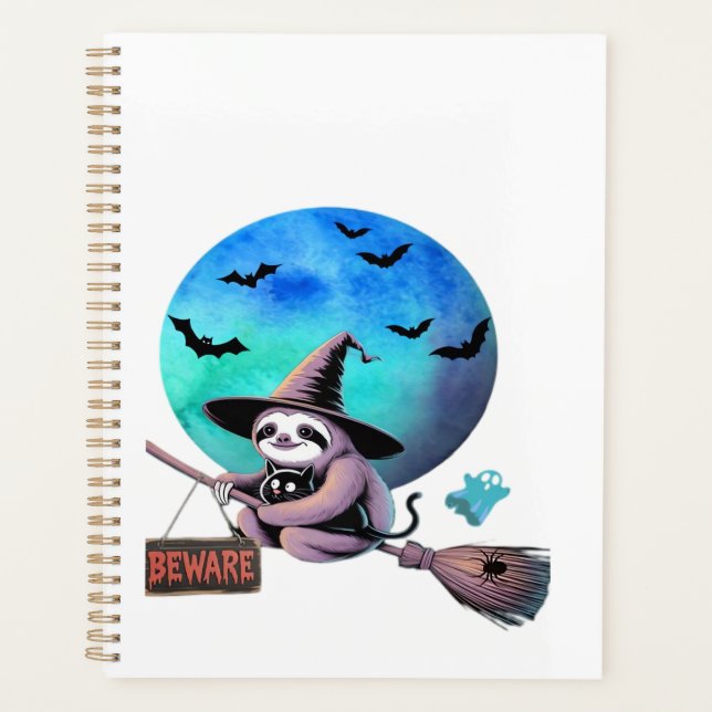 Beware Cute Witch Sloth Flying on Broom Halloween  Planner (Front)