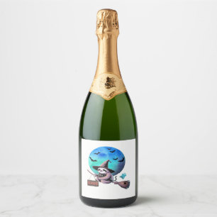 Beware Cute Witch Sloth Flying on Broom Halloween  Sparkling Wine Label