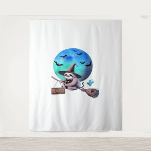 Beware Cute Witch Sloth Flying on Broom Halloween  Tapestry