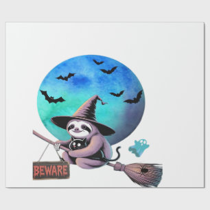 Beware Cute Witch Sloth Flying on Broom Halloween Wrapping Paper