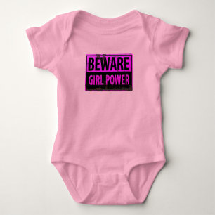 BEWARE Girl Power - Pink Black Metal Danger Sign Baby Bodysuit