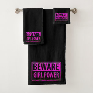 BEWARE Girl Power - Pink Black Metal Danger Sign Bath Towel Set