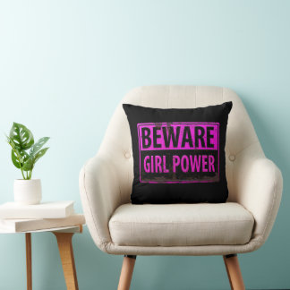 BEWARE Girl Power - Pink Black Metal Danger Sign Cushion