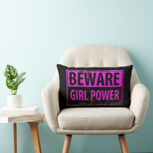 BEWARE Girl Power - Pink Black Metal Danger Sign Lumbar Cushion