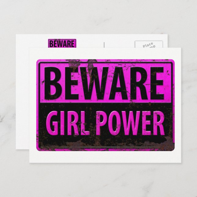 BEWARE Girl Power - Pink Black Metal Danger Sign Postcard (Front/Back)