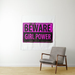 BEWARE Girl Power - Pink Black Metal Danger Sign Tapestry