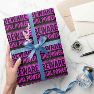 BEWARE Girl Power - Pink Black Metal Danger Sign Wrapping Paper