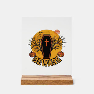 Beware Halloween Coffin Pumpkin Vintage Shirt Desi Acrylic Sign