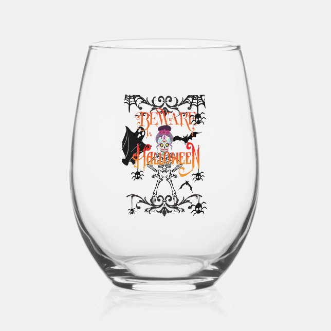 Beware Halloween Stemless Wine Glass (Front)