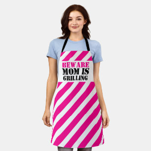 BEWARE Mum is grilling graphic pink caution stripe Apron