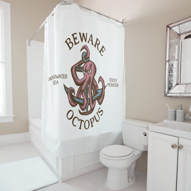 Beware Octopus Nautical Creature Tentacle Monster Shower Curtain (In Situ)